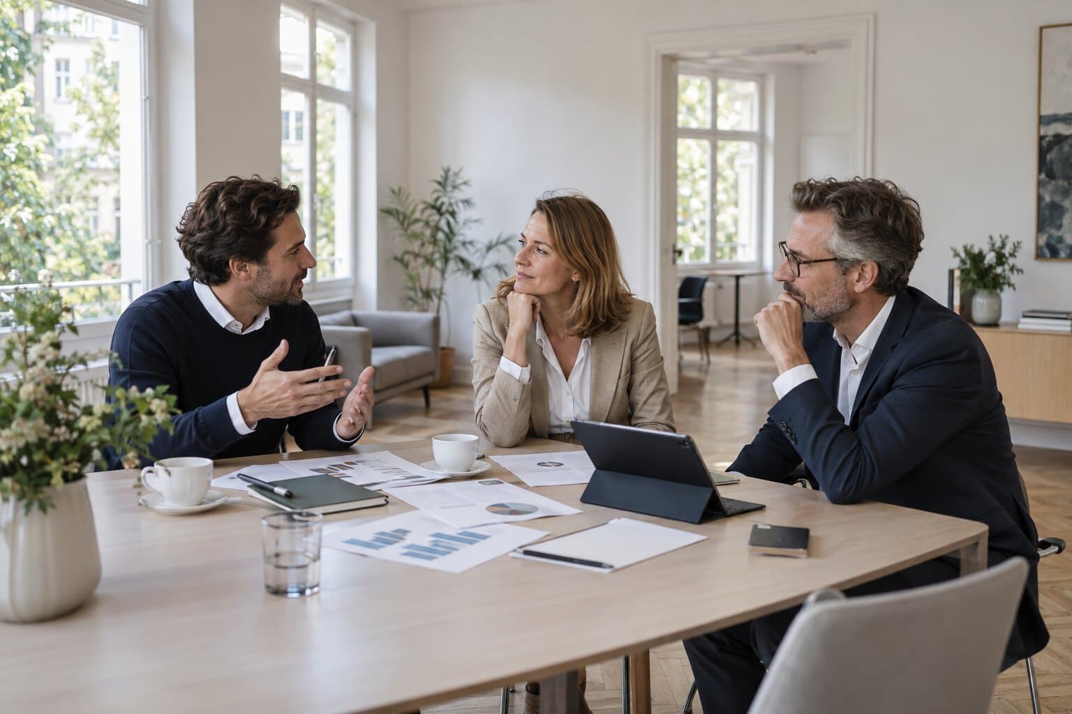 Drei Personen diskutieren am Konferenztisch über ausgedruckte Auswertungen